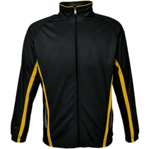A black unisex track jacket with yellow stripes and a zip front, featuring a logo on the chest.