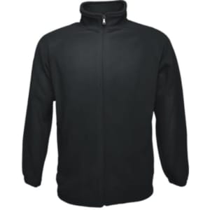 A black unisex polar fleece zip-through jacket featuring long sleeves and a high collar. It has a zip closure and a logo.