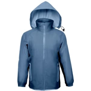 A kids' reflective wet weather jacket in blue with a hood and zippered pockets. It features a logo on the front.