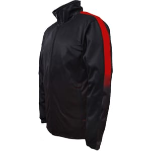 A black and red unisex track jacket with a zip front and a logo on the chest.