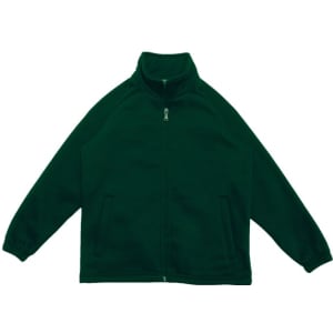 A green poly/cotton fleece zip-through jacket with long sleeves and a high collar, featuring a logo.