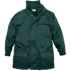 A green children's outer jacket with a zip and snap front, featuring pockets on the front and a collar.