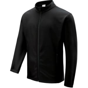 A black ladies softshell jacket featuring a zip front, long sleeves, and side pockets, with a logo on the chest.