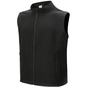 A black ladies softshell vest with a high collar and zippered pockets, featuring a logo on the chest.
