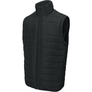 A black unisex puffer vest with a high collar and zippered pockets. The vest features a quilted design.