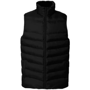A black puffer vest with a high collar and side pockets, featuring a logo on the chest.
