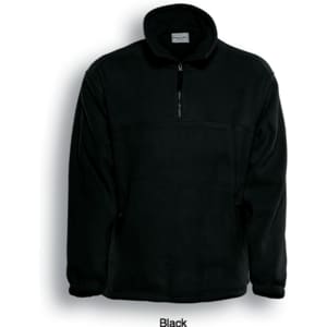 A black unisex polar fleece half-zip jacket with a zippered front and side pockets, featuring a logo.