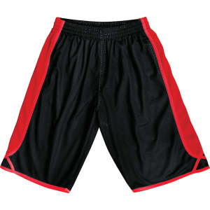 Men's basketball shorts in black and red, featuring an elastic waistband and side panels. The shorts have a logo.
