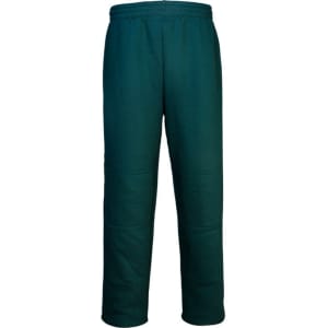 Dark green kids' double knee track pants with an elastic waistband and a logo. Suitable for casual wear.