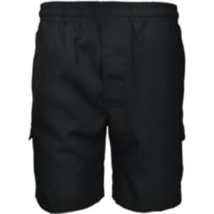 Black cargo shorts featuring a comfortable elastic waistband and side pockets. Suitable for kids.