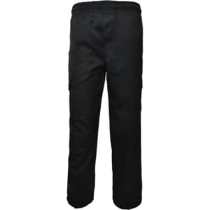 Black cargo pants featuring side pockets, designed for kids. The garment includes an elastic waistband and has a logo.