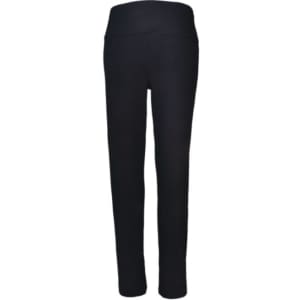 Black ladies' yoga tights with a high waistband and a logo detail on the waistband.