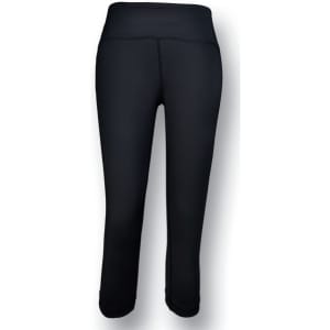 A pair of black high-waisted 3/4 length gym tights with an elastic waistband and a logo.