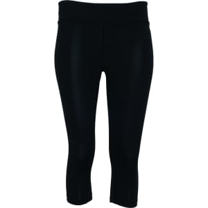 A pair of black high-waisted 3/4 length gym tights for kids, featuring a smooth finish and a waistband.