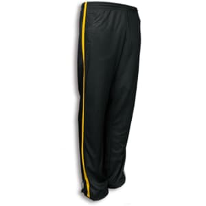 Track pants in dark green with yellow stripes on the sides, featuring a logo on the back.