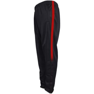 Black track pants with a red stripe, featuring a lining and a logo on the waistband.