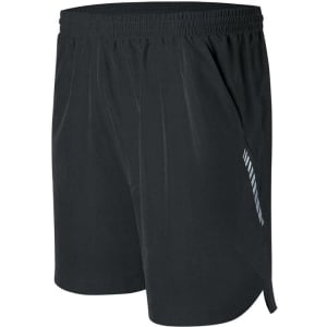 Black men's running shorts with an elastic waistband and side pockets, featuring a logo on one side.