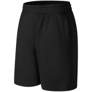 Black sports shorts with an elastic waistband and side pockets, featuring a logo on the side.