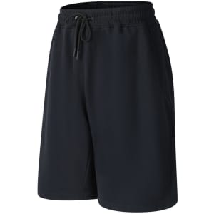 Terry fleece track shorts in black with an elastic waistband and drawstring feature. Includes branding on the shorts.