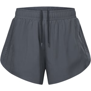A pair of women's double layer sports shorts in dark grey, featuring a lightweight design with side mesh panels and a drawstring waist.