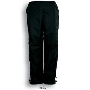 Black track pants with an elastic waistband and adjustable cuffs, featuring a logo on the side.