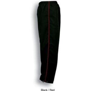 Unisex adults track pants in black with red piping, featuring an elastic waistband and tapered legs.