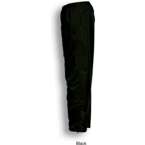 Black track pants with an elastic waistband and side pockets, featuring a logo.