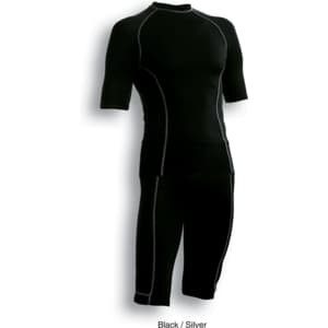 Performance wear consisting of black bike shorts and a matching fitted top, featuring silver detailing and a logo.