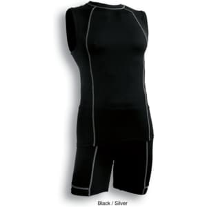 Cropped bike shorts in black with silver detailing, paired with a matching sleeveless top. Features branding.
