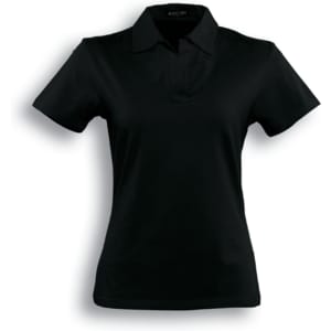 A black ladies' cotton spandex polo shirt with a classic collar and a logo on the neckline.