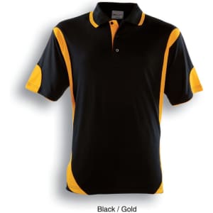 A black and gold polo shirt featuring contrasting sleeves and a collar, with a logo on the front.