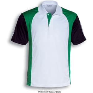 A polo shirt in white, kelly green, and black, featuring a logo on the chest.