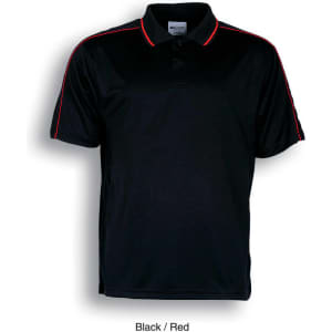 A black polo shirt with red stripes along the sleeves, featuring a collar and branding.