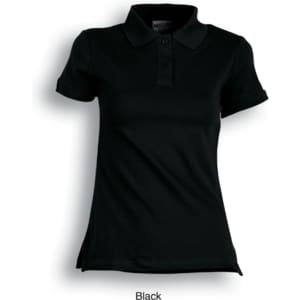 A fitted black polo shirt made of cotton and spandex, featuring a collar and three buttons. Includes a logo.