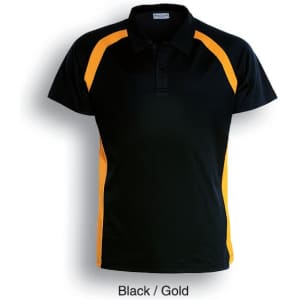 A black polo shirt with gold contrast panels and a logo on the chest. Suitable for kids.