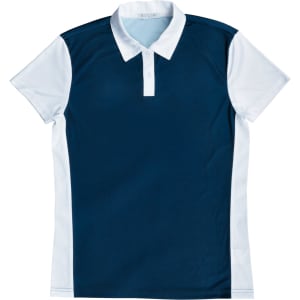 A navy blue and white ladies' sports polo shirt with a collar and branding on the front.