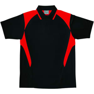 A black polo shirt featuring red contrast panels and a collar, with a logo on the chest.