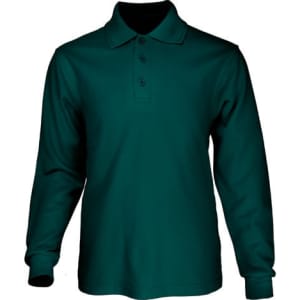 A long sleeve polo shirt in a deep teal colour, featuring a collar and three buttons. It has a branding logo.