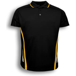 A black polo shirt with yellow detailing and a logo. Short-sleeved design suitable for active wear.