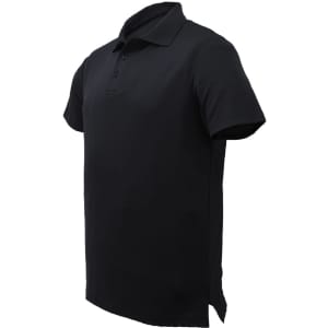 A black unisex polo shirt with a classic collar, three-button placket, and a logo.