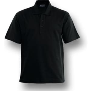 A black short sleeve polo shirt with a collar and three buttons, featuring a logo on the chest.