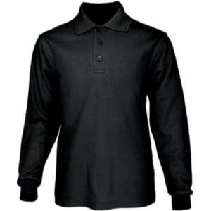A long sleeve polo shirt in black, featuring a collar and three buttons, with a logo on the chest.
