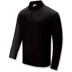 A black unisex long sleeve polo shirt featuring a collar and buttons, with a logo on the chest.