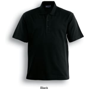 A black polo shirt with a collar and short sleeves, featuring a logo on the front.