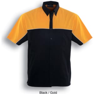 A black and gold button-up shirt featuring short sleeves and a logo on the front.