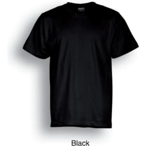 A black plain cotton kids' tee shirt featuring short sleeves and a simple design. It has a logo on the label.