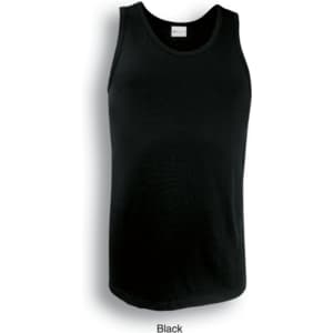 A black men's cotton singlet with a round neck and no sleeves, featuring a logo.