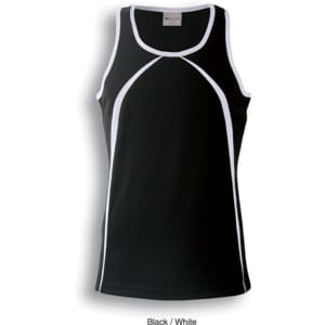 A black singlet with white accents, featuring a sporty design and a logo at the top.