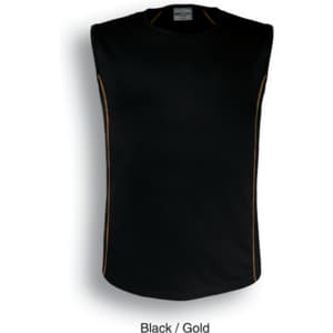 A black singlet tank top featuring gold stitching and a logo.