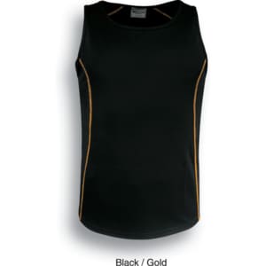 A black singlet with gold stitching details, featuring a logo on the front.